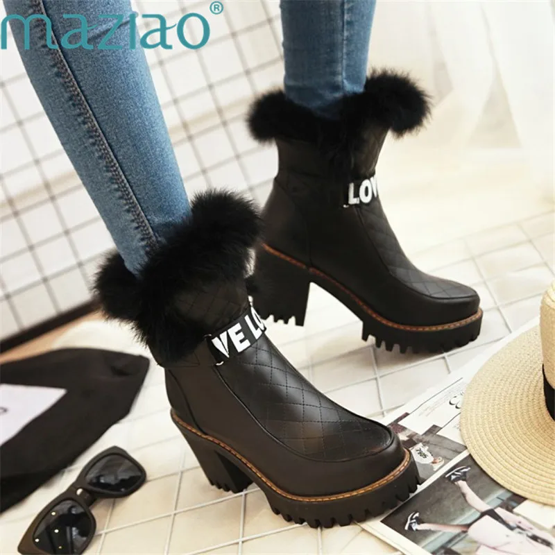 Теплые женские зимние ботинки на платформе и толстом каблуке водонепроницаемая