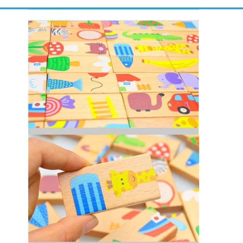 Cute 28pcs/set baby Wooden Dominoes Block Cartoon Animal Colored Jigsaw Tangram children Educational Toys for child domino game