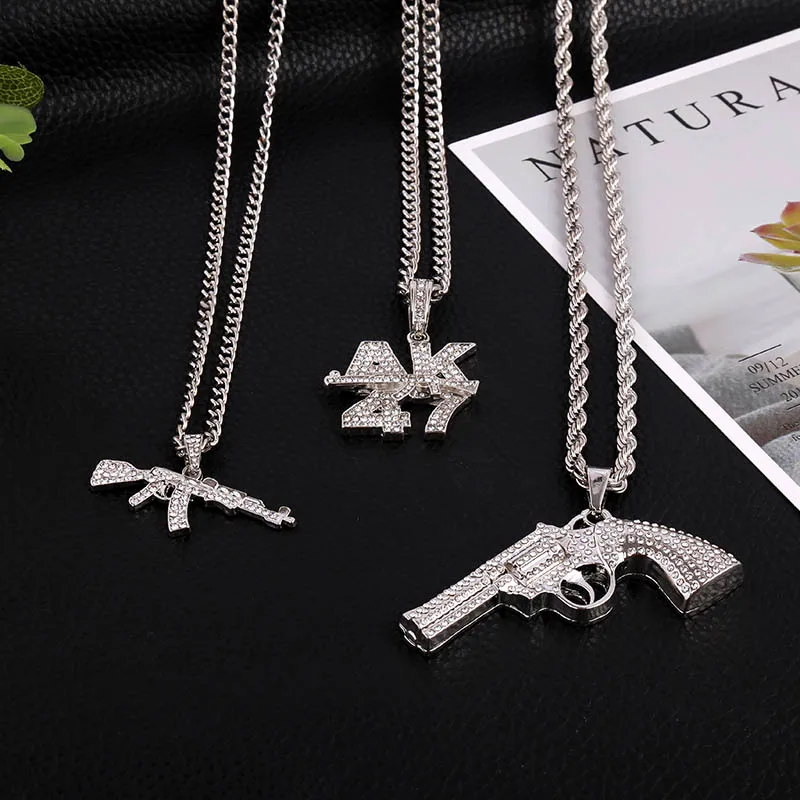 Панк стиль хип-хоп ювелирные изделия мода Iced Out золото длинная цепь ожерелье модный красивый со стразами револьвер AK47 пистолет кулон ожерелье