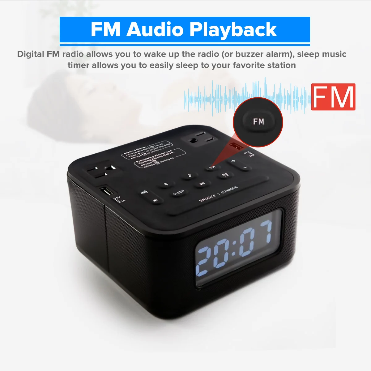 Беспроводной ЖК-цифровой будильник+ bluetooth-динамик+ fm-радио+ двойной usb-порт для зарядки+ розетка Регулируемая яркость