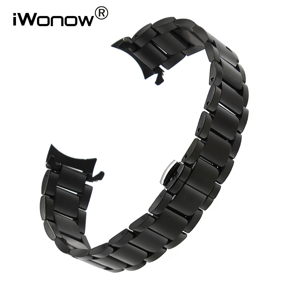 

Curved End Stainless Steel Watchband 22mm for Moto 360 2 46mm Men Vector Ticwatch 1 Butterfly Buckle Wrist Strap Black Silver