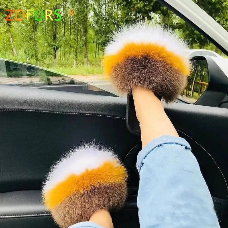 ZDFURS/; Лидер продаж; женские шлепанцы с лисьим мехом; Разноцветные Летние модные шлепанцы; женские меховые домашние Вьетнамки; пляжные сандалии