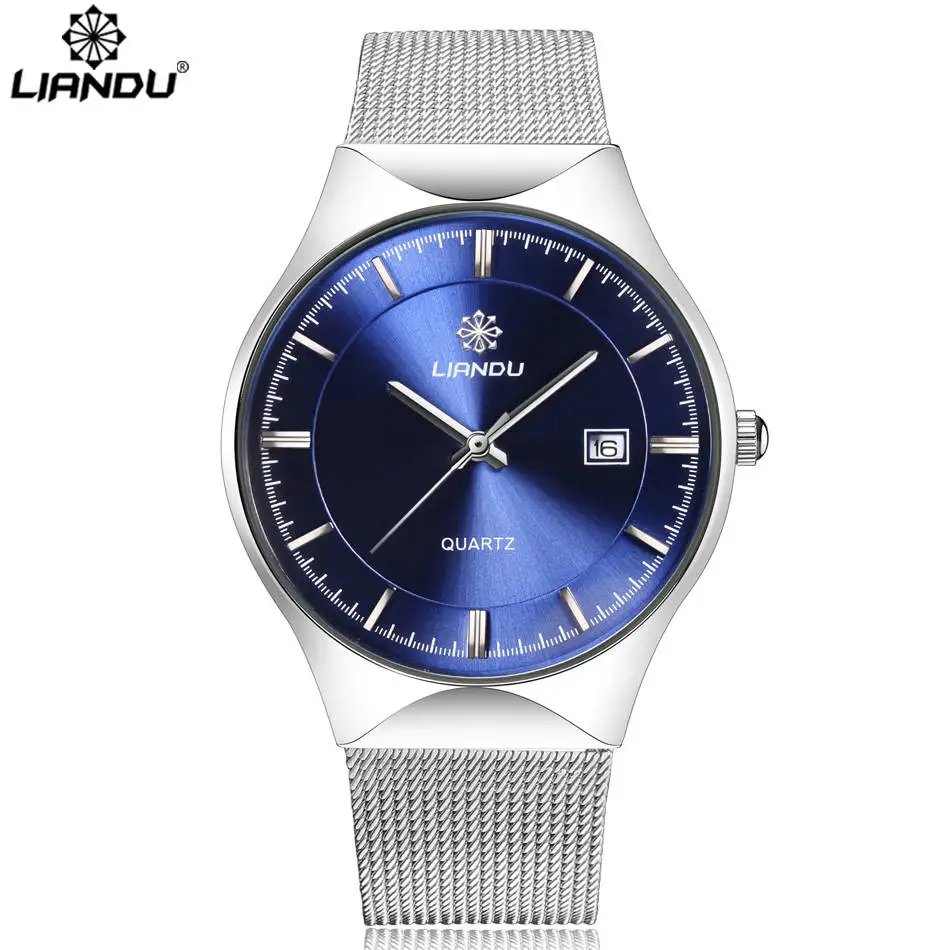 Роскошные мужские кварцевые часы бренда LIANDU из нержавеющей стали с сетчатым