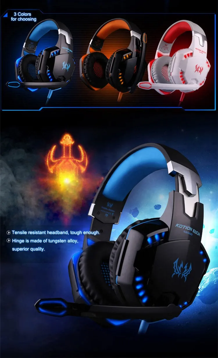 KOTION EACH G 2000 Игровые наушники, игровая стереогарнитура, проводные наушники, глубокий бас, с микрофоном, светодиодный, с шумоподавлением, для компьютера, ПК