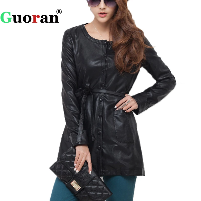 {Guoran} кожаное пальто для женщин 2017 Новинка Черное Женское из искусственной кожи с