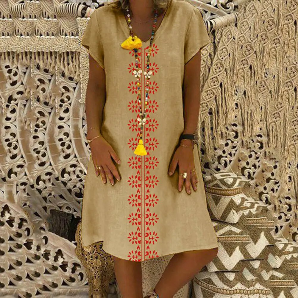 

New Women Summer Boho Floral Print Dress Cotton Linen Casual V-neck Kaftan Basic Tunic Midi Dress
