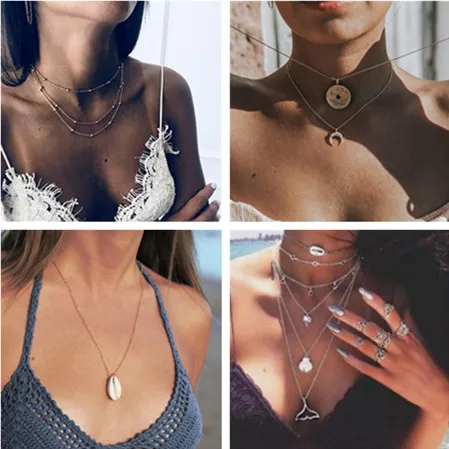 Hot Sale Flower Moon Fishbone Plane Statement Chain Necklaces for Women Multi Layer Pendants Gift Jewelry Bar Party | Украшения и