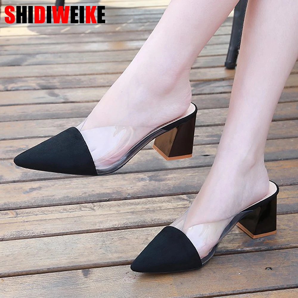 Women Summer High Heels Mules Slippers Ladies Pointed Toe Transparent Outside Shoes Woman Fashion slippers f517 | Обувь
