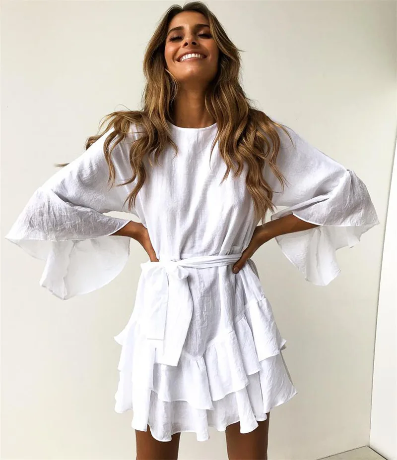 Для женщин летнее платье Повседневное Твердые Бабочка рукавом О-образным