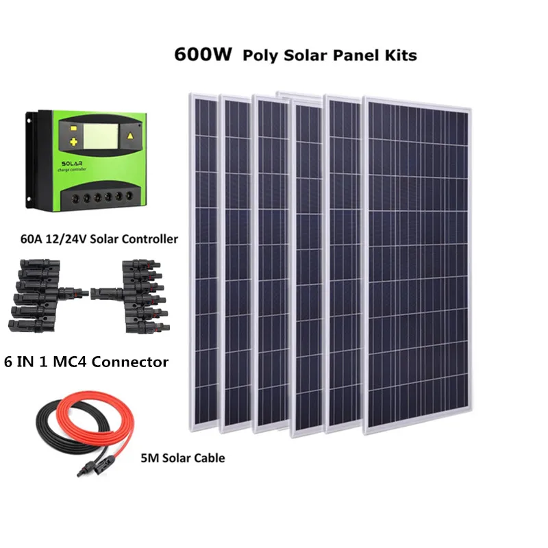600 Вт решетки солнечные панели системы с 6 шт 100 поли 60A LCD Solor Контроллер заряда и