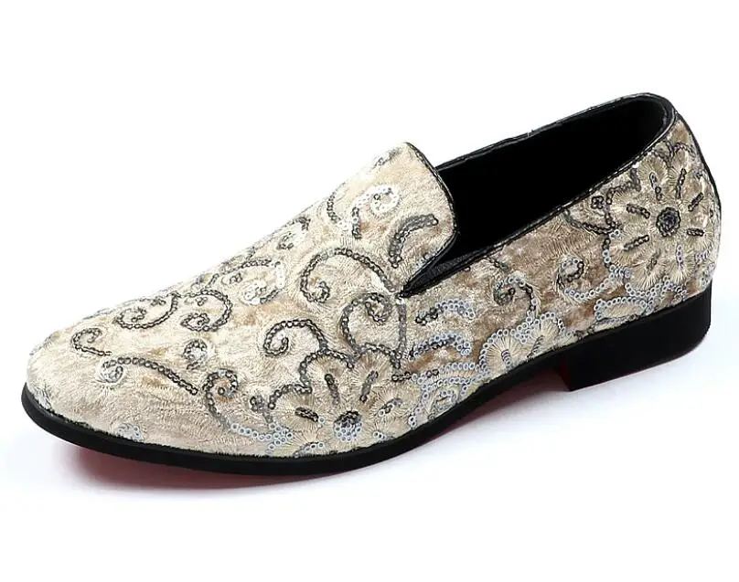 Gold RED Embroidered Luxury Loafers Shoes Men Round Toe Sewing Dress Wedding Shoes Male Slip On Rihanna Creepers Casual Flats
