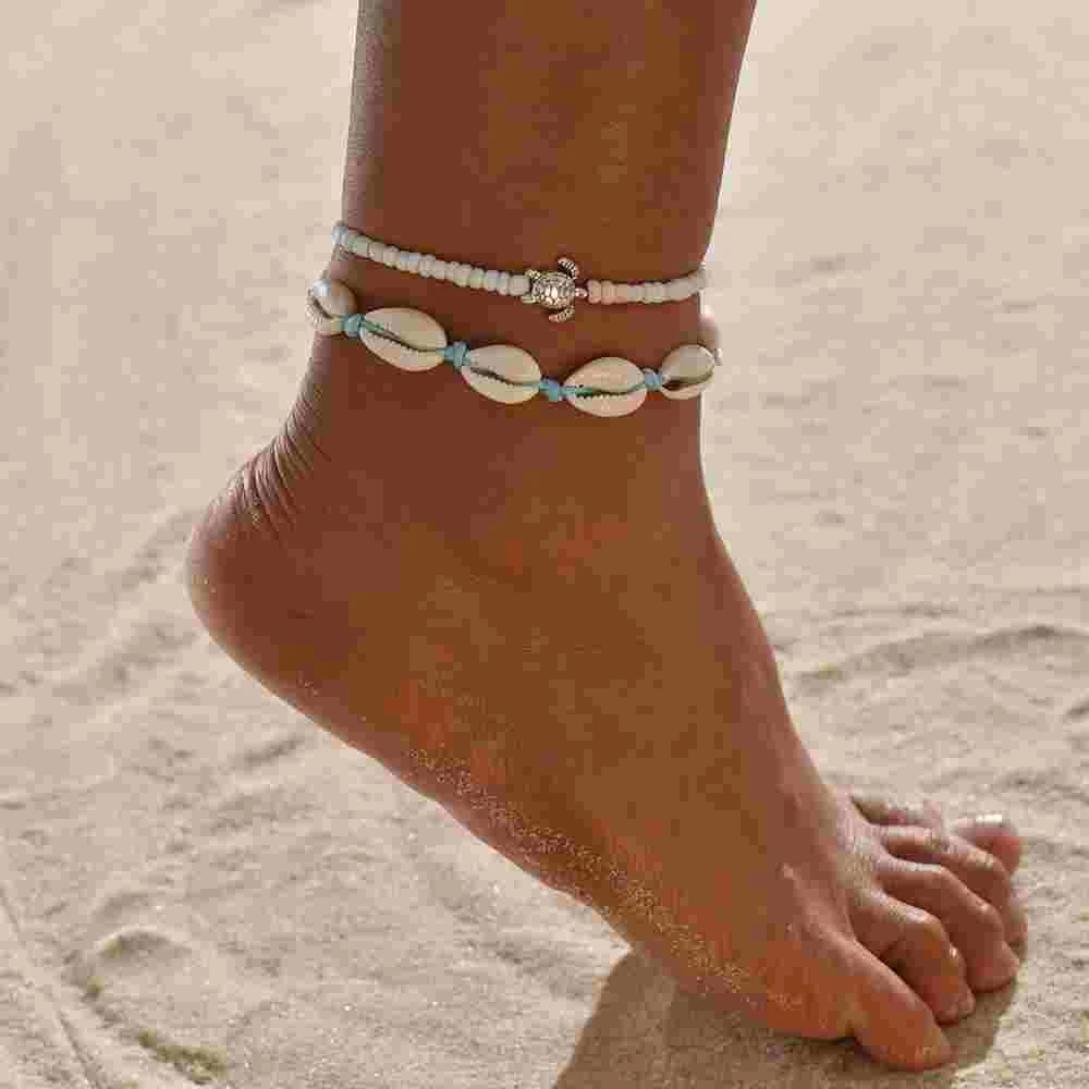 

Europe and the United States new anklet creative retro beach turtle shell beads push-pull anklet set 2 sets