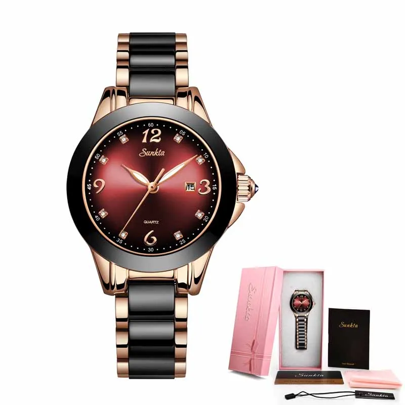 Rose gold red Горячая Распродажа, брендовые модные женские часы SUNKTA, роскошный браслет из керамики и сплава, аналоговые наручные часы, Relogio Feminino Montre Relogio - Цвет: Rose gold red