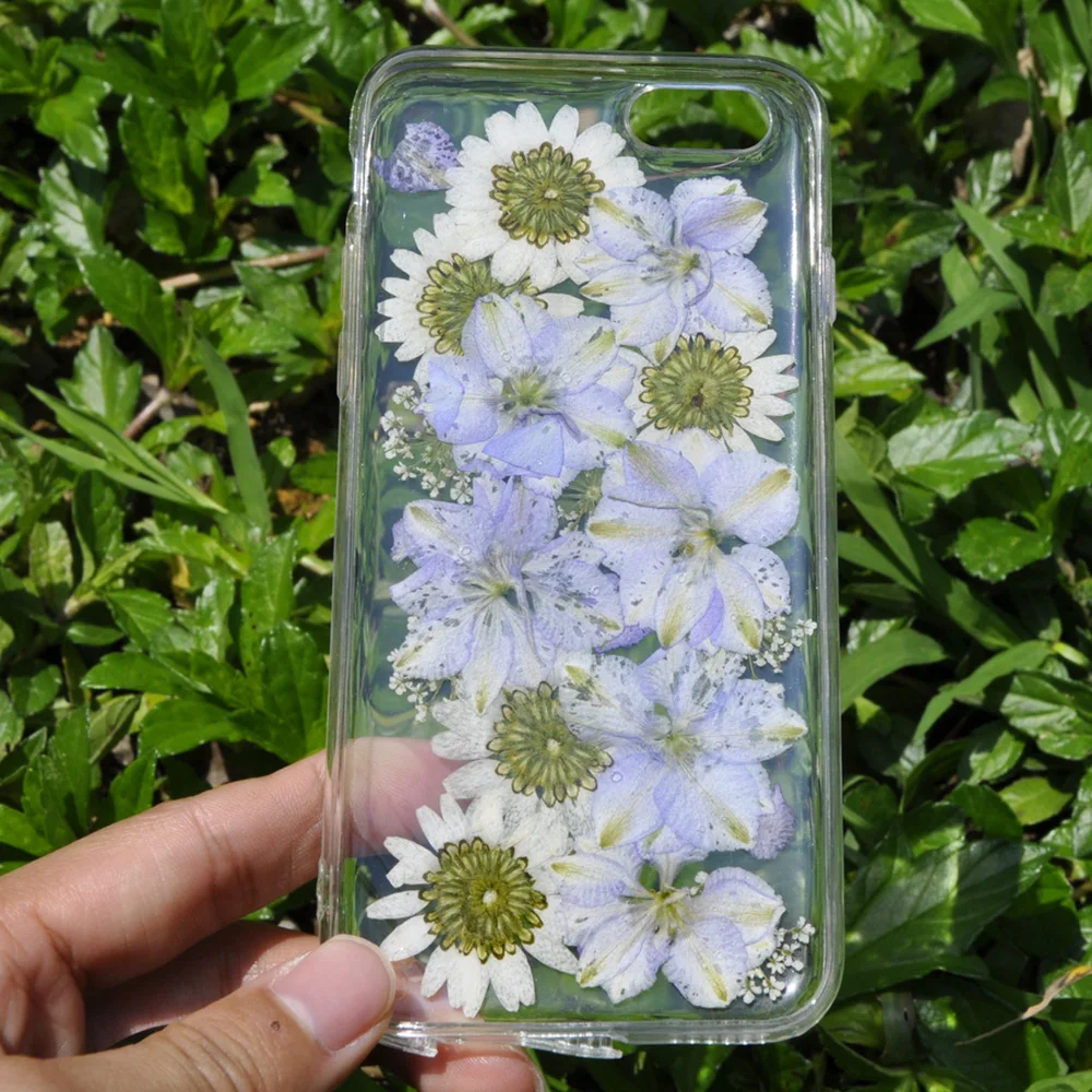 Прозрачный чехол для iPhone 6 Plus 7 X мягкий ТПУ с натуральным прессованным цветком |