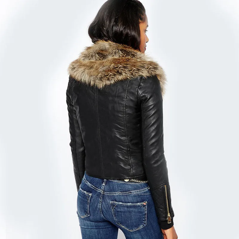 Motorcycle Jacket Top Quality Women Warm Winter Leather Fur Collar Zipper Short Waist Coat Overcoat Parkas Big Size XXXL Q4724 | Женская