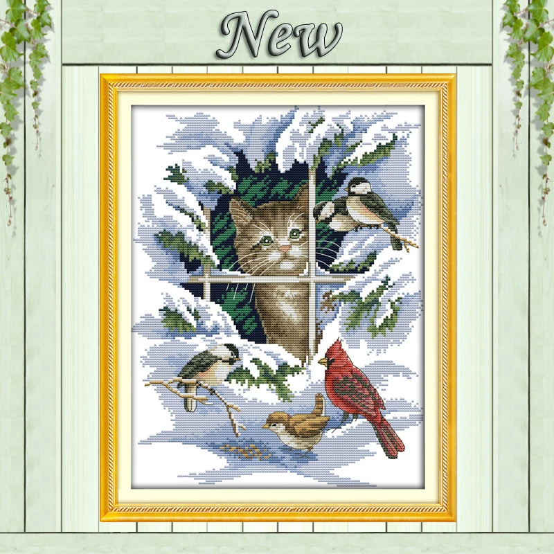 

14CT 11CT DMC hand made cross stitch kits,snow scenery winter Cat and birds Needlework embroidery Cross Stitch sets Home Decor