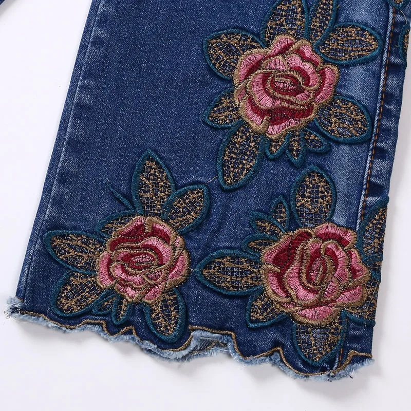 Более Размеры D вышитые Брюки для девочек стрейч Джинсы женщин женщина цветочным