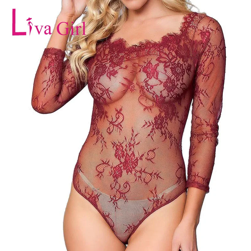 Liva Girl Прозрачный сексуальный кружевной бодикон боди Женский сетчатый длинный рукав прозрачная вышивка комбинезон Черный Красный Модный комбинезон