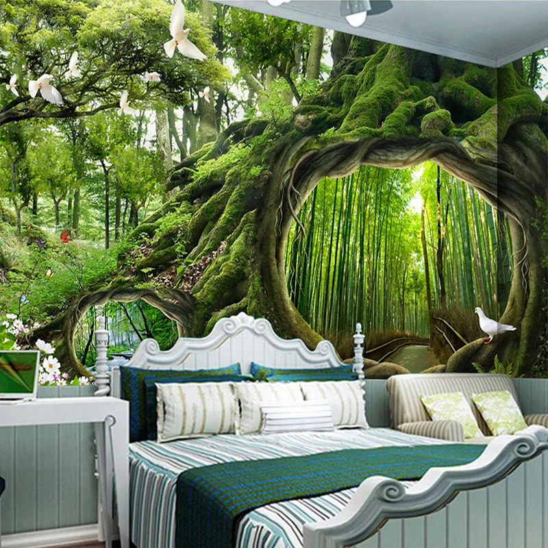 

Custom Photo Wallpaper Green Virgin Forest Tree Hole Stereoscopic Mural Wall Painting Living Room Bedroom Background Murals 3D