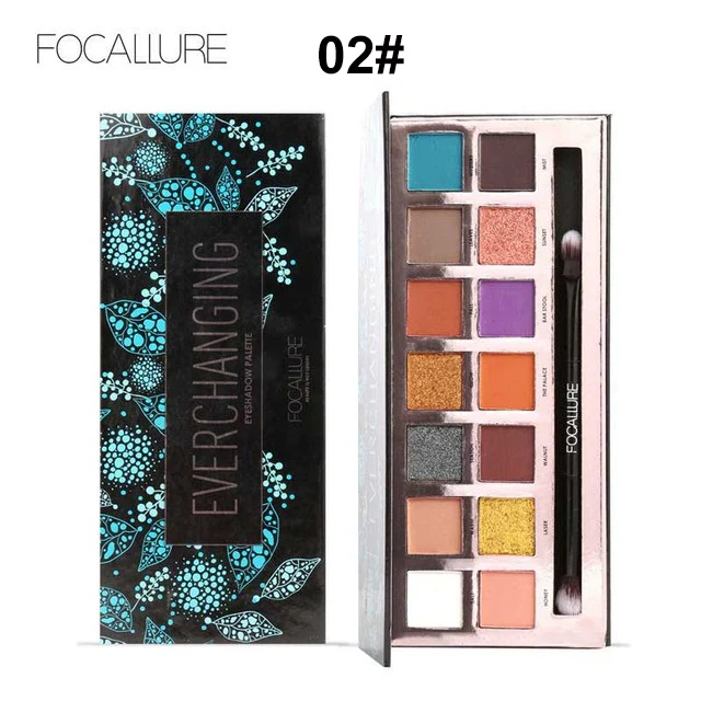 FOCALLURE, 14 цветов, палитра теней для век с кистью, матовый блеск, мерцающий тропический отдых, тени для век, водонепроницаемый макияж, пигмент, набор - Цвет: 02