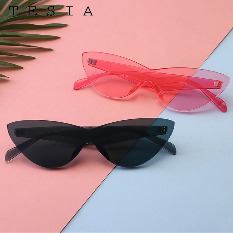 Цельные женские солнцезащитные очки кошачий глаз без оправы затемненные цветные