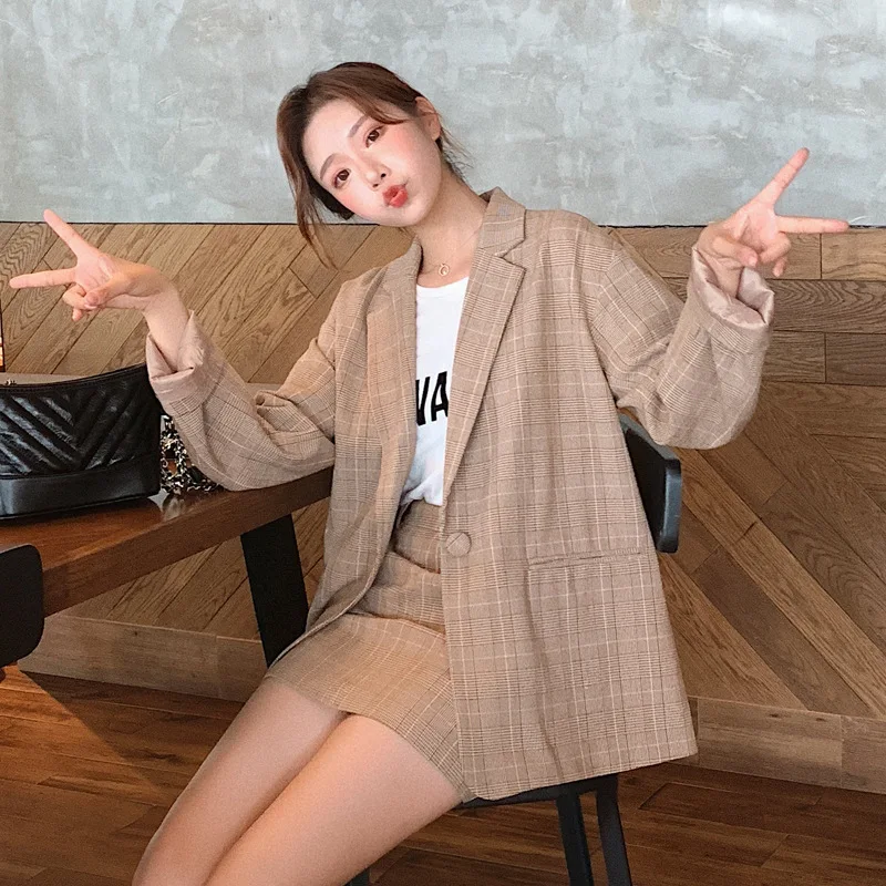 Женские комплекты Новинка лета 2019 женский свободный клетчатый маленький костюм