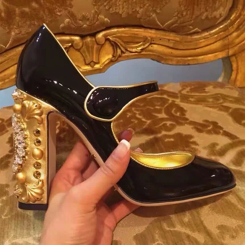 Chunky Heeled Back Clock Decor High Heel Pumps Women Bright Gold Patent Leather Rhinestone Bridal Wedding Party Shoes Heels | Обувь