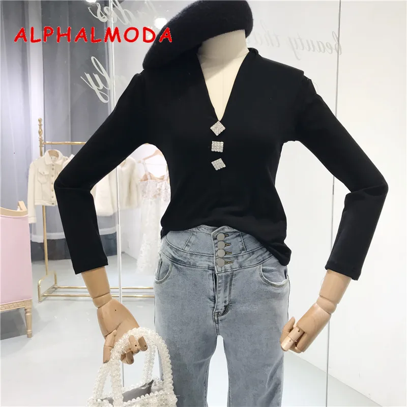 ALPHALMODA 2019 весенние женские тонкие роскошные футболки на пуговицах с длинным