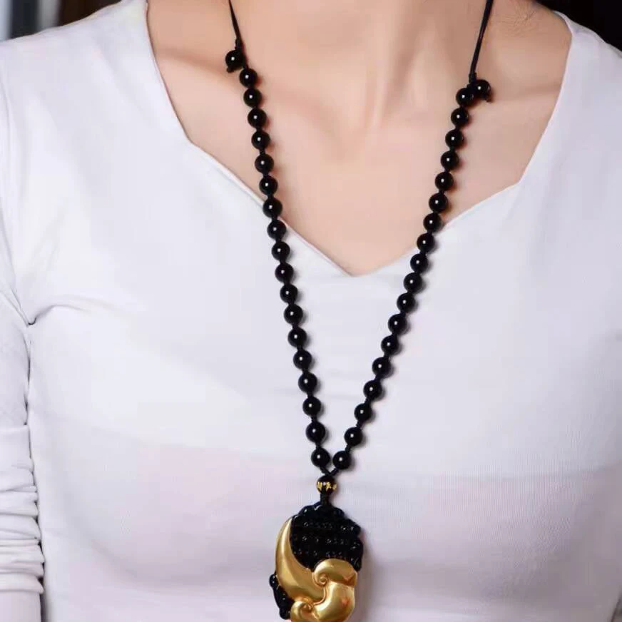 Оптовая продажа Золотой + натуральный черный обсидиан резной амулет Руи