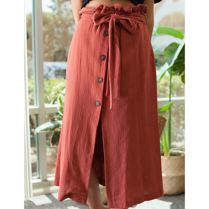 Женская однотонная красная бандажная юбка с высокой талией однобортная миди