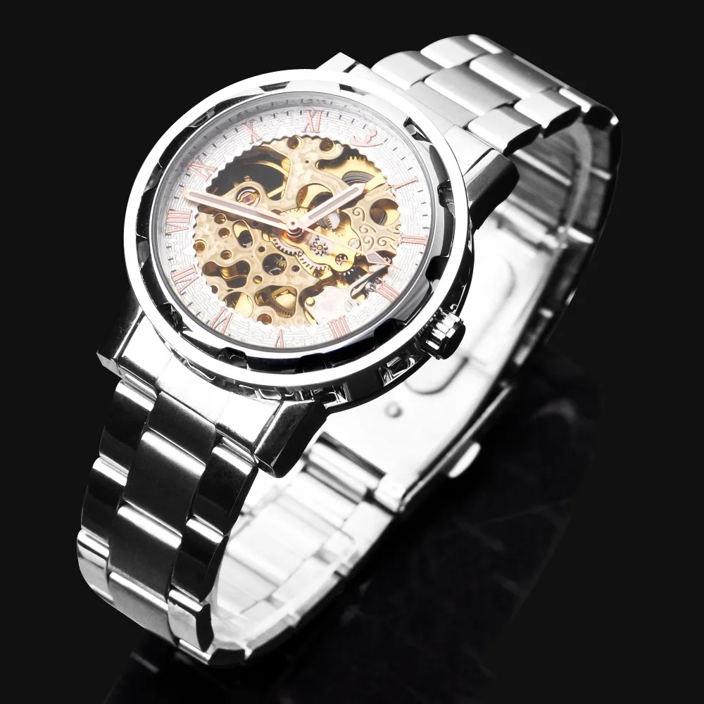 

FLENT Men skeleton Watch Full Steel Mechanical Wristwatch