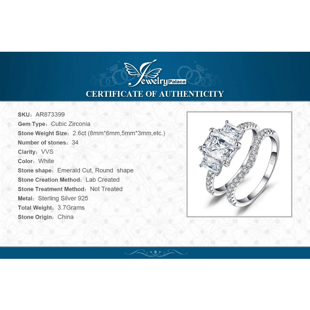 Jewelrypalace Свадебные 2.6ct кубического циркония люкс 3 камень кольцо комплект 925