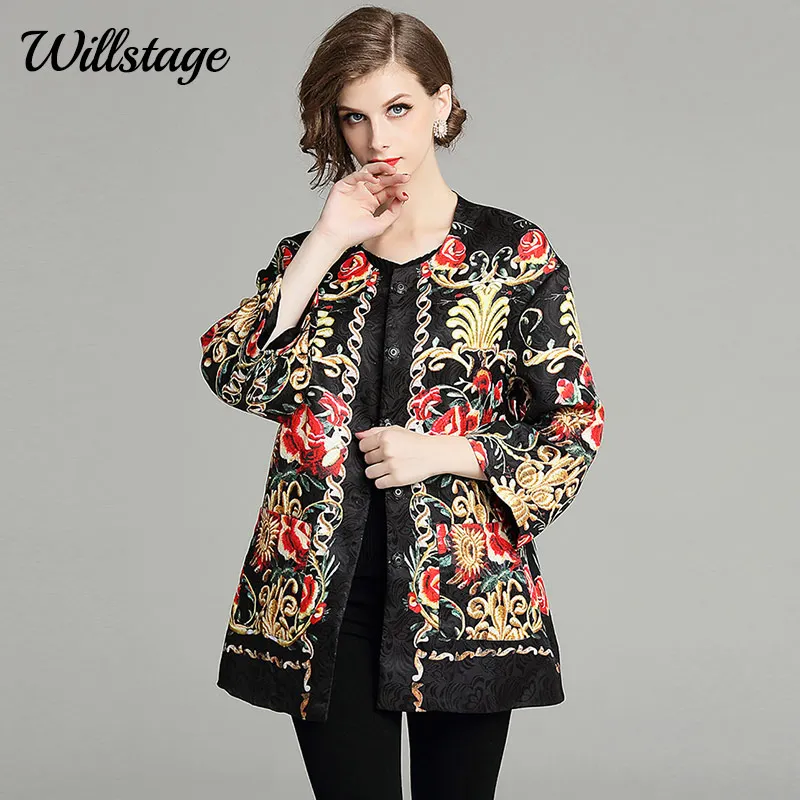 Willstage с цветочным принтом жаккардовое пальто для женщин длинными расклешенными
