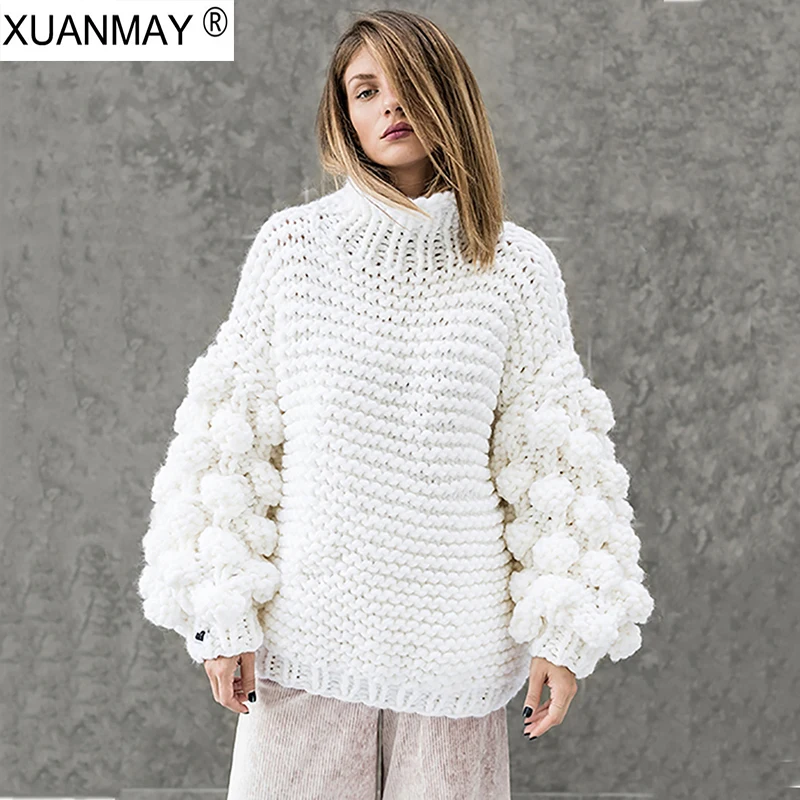 Spring High Street women White sweater coat Pure hand Thickened Turtleneck Coarse lines ultra-thick Black | Женская одежда