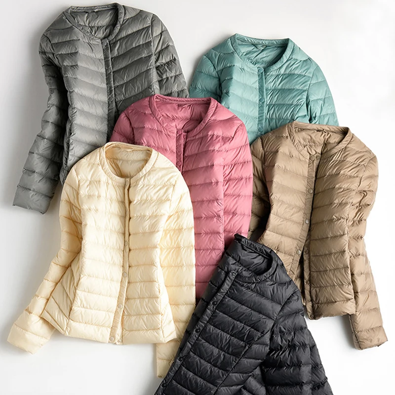 Женская куртка пуховик на 90% белом утином пуху тонкая короткая с круглым вырезом