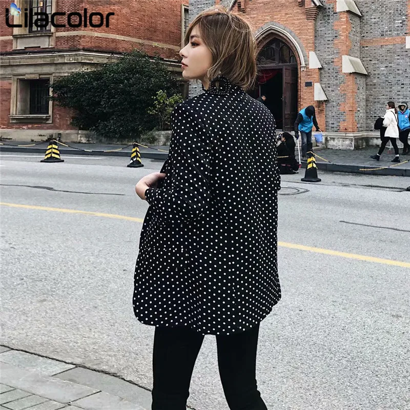 В Горошек повседневные женские блейзеры 2019 Весна Ruched с длинным рукавом Свободные