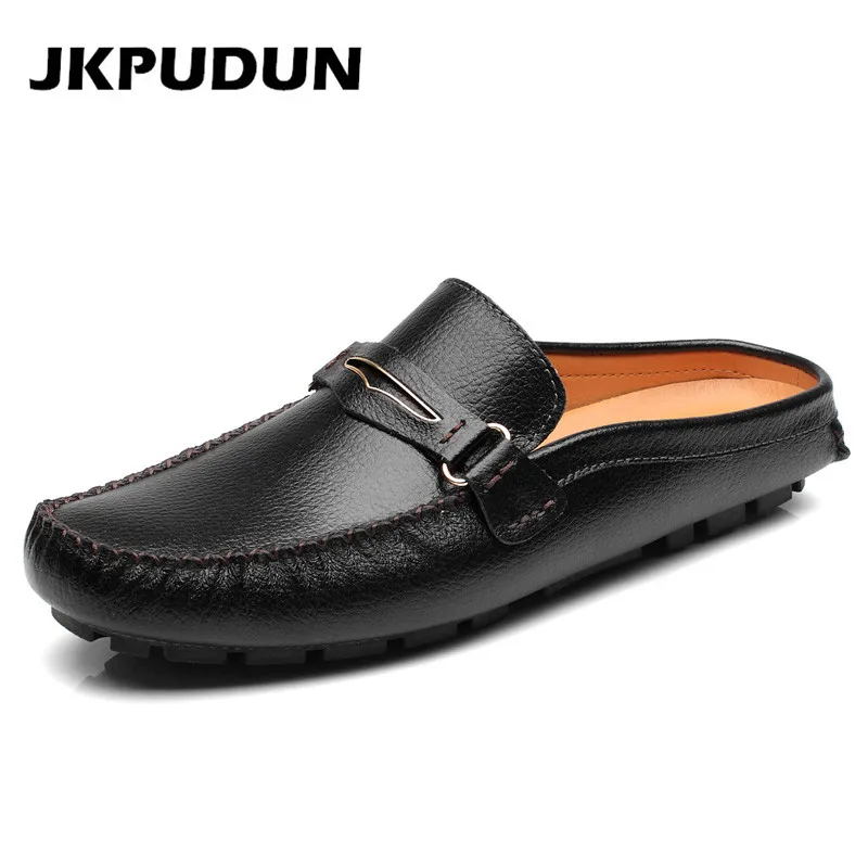 JKPUDUN Mens Designer Black Shoes Luxury Brand 2019 High Quality Genuine Leather Flats Half Slipper Loafer Casual Summer Sandals | Обувь