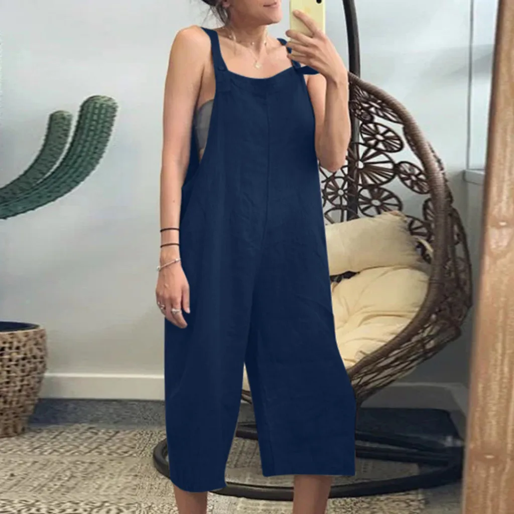 Женский Повседневный свободный льняной жилет без рукавов комбинезон с