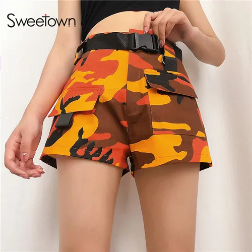 orange Sweetown повседневные камуфляжные шорты Карго женские летние шикарные прямые шорты с ремнем с пряжкой и карманами на молнии с высокой талией - Цвет: orange