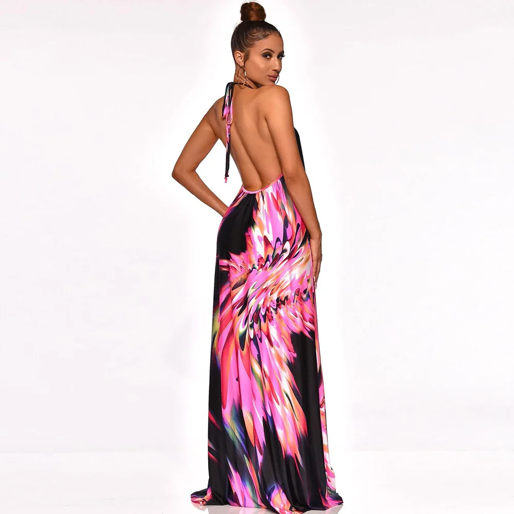 Женское Макси Платье с принтом JRRY длинное платье в пол открытой спиной и лямкой