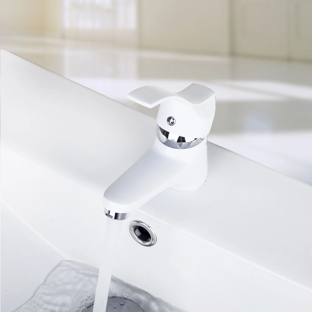 OUBONI White Painting Short New Brand Bathroom Hot And Cold Mixer Tap Solid Brass Basin Faucet Chrome Water | Обустройство дома
