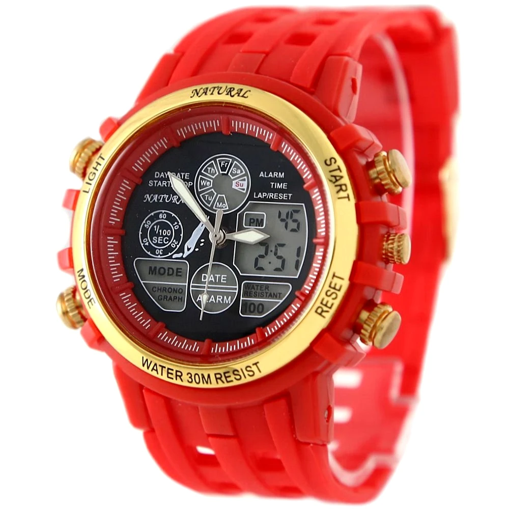 

ALEXIS Brand Dual Time Smart Red Gold Tone Elegant Date Water Resist Gen't Analog Digital Watch men sports watches montre homme