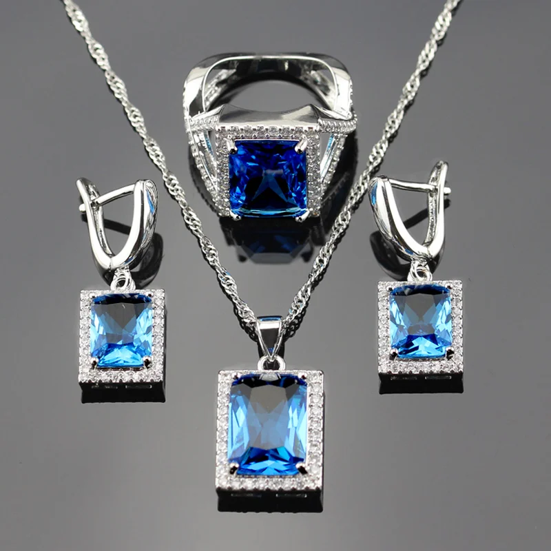 Новое поступление голубой кристалл белый Циркон Серебряные Цвет 925 марка