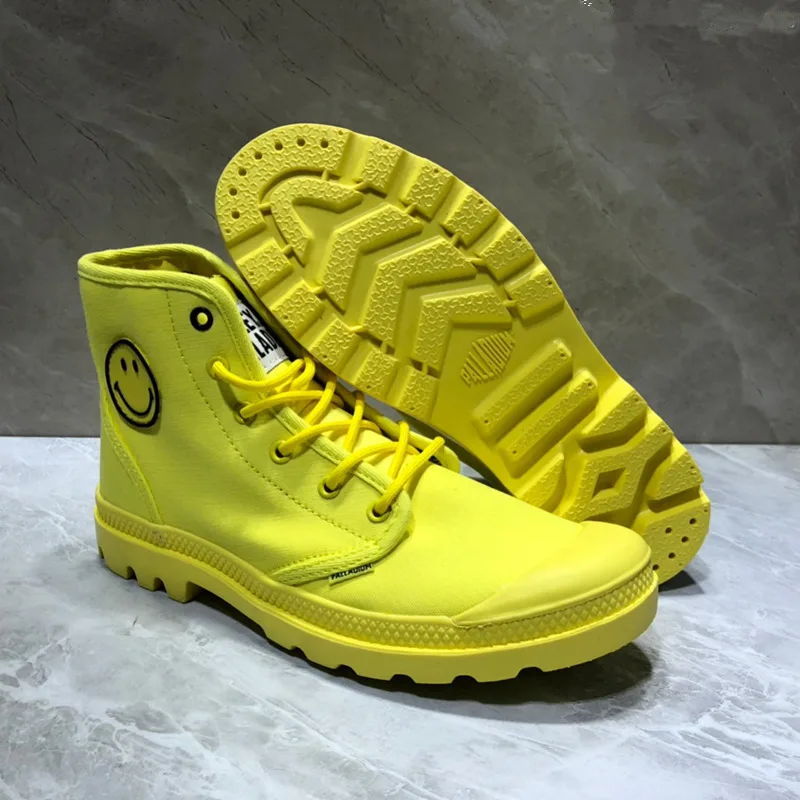 PALLADIUM Pampa/классические кроссовки с высоким берцем, Мужская парусиновая обувь на шнуровке, высокий стиль, желтая улыбающаяся мордочка, повседневная обувь, 40-45