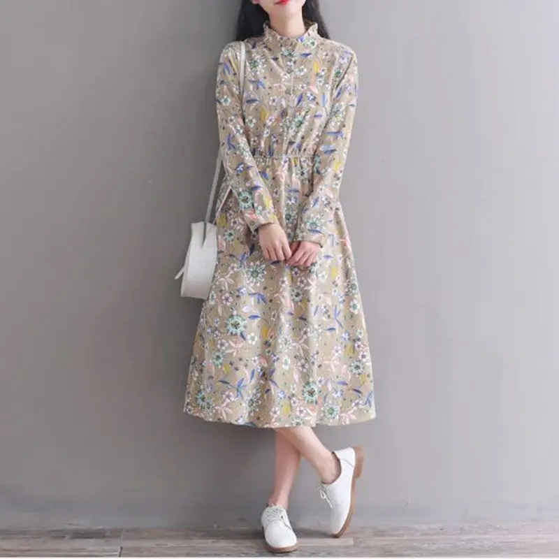 

Gray,Khaki Mori Girl Dress 2021 New Autumn Winter Women Long Sleeved Floral Print Corduroy Dresses Female Vintage Vestidos M-XL