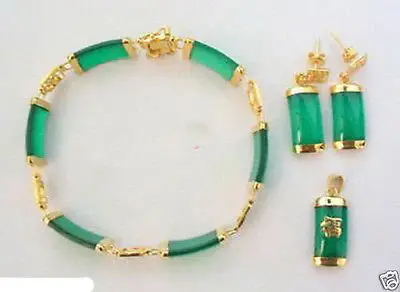 Зеленый нефрит 18KGP Фортуна кулон ожерелье браслет серьги набор&gt 18K GP