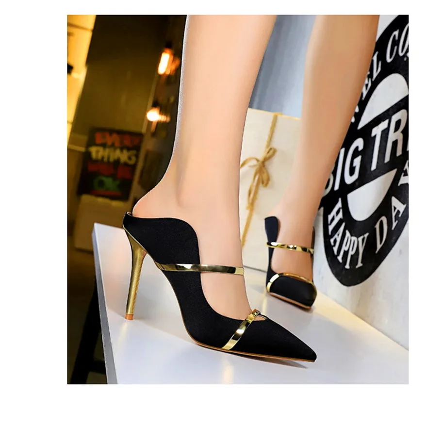 7 Colors Solid Silk Women Slippers Pointed Toe Outdoor Sandals High Heels Woman Sexy Party Show Thin Ladies Shallow Summer Shoes