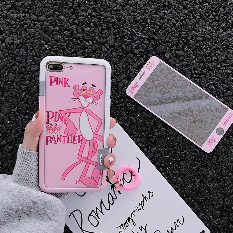 Розовая пантера задняя Передняя закаленная стеклянная пленка для iphone 8 plus 8 7 Plus 6 6SP и анти-детонационный бампер для iphone XS max finger ring