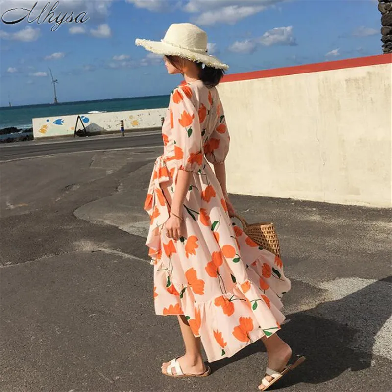 Mhysa 2019 Summer new holiday style ladies high waist retro print V-neck short sleeve irregular ruffled seaside beach dress Y049 | Женская