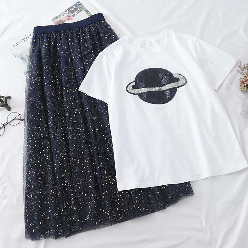 Для женщин мода две шт устанавливает 2019 новый летний звезда узор блестками белая